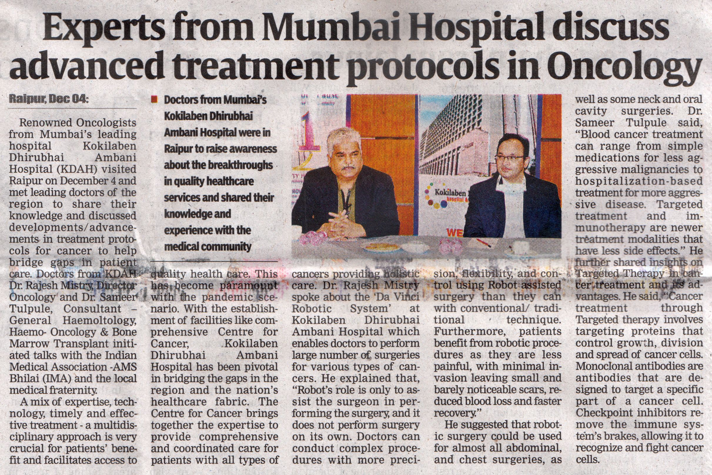 Central Chronicle Raipur coverage on experts sharing advancements in cancer treatment protocol